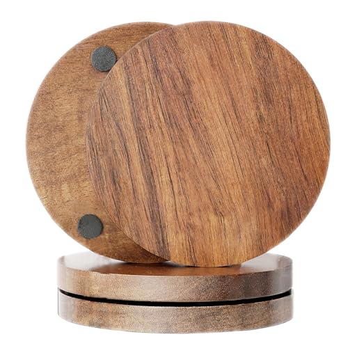 Acacia Wood Coasters for Drinks Coffee Table Set of 4, Dark BrownWooden Drink Coasters for Tabletop Protection Dining Table Desk Round with Non-Slip Pad Cup Coasters for Home Christmas Decor  - WoodArtSupply