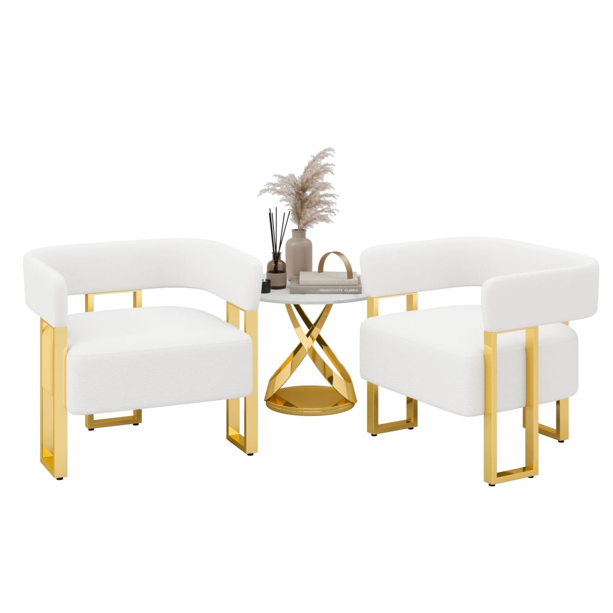 STHOUYN Modern White Accent Chair Set of 2, Boucle Barrel Chairs Set of 2, Arm Chairs for Living Room Bedroom (2, White) STHOUYN