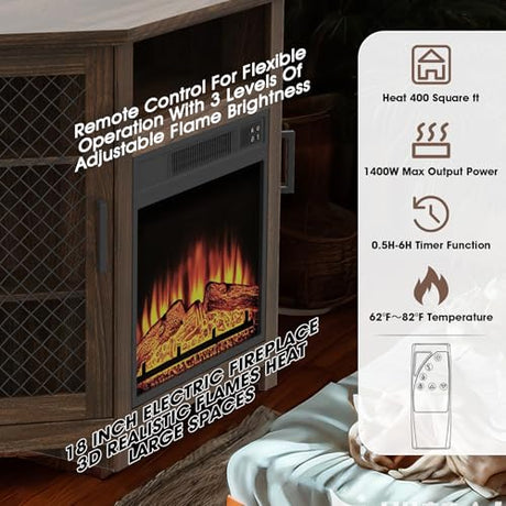 47" Corner Fireplace TV Stand for TVs Up to 55", Farmhouse Fireplace TV Stand with Remote 18" Electric Fireplace, Entertainment Center with Storage & Open Shelves for Living Room, Bedroom, Brown Vaczon