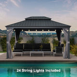 PURPLE LEAF 11' X 14' Hardtop Gazebo with Light Galvanized Steel Double Roof Outdoor Gazebo for Patio Lawn and Garden Curtains and Netting Included Grey PURPLE LEAF