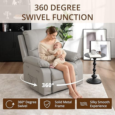 zzlay 360° Swivel Rocking Leather Recliner Chair for Adults, Overstuffed Manual Recliner with Spring Cushion, Glider Rocking Nursery Single Sofa with Side Pockets for Living Room, Beige zzlay