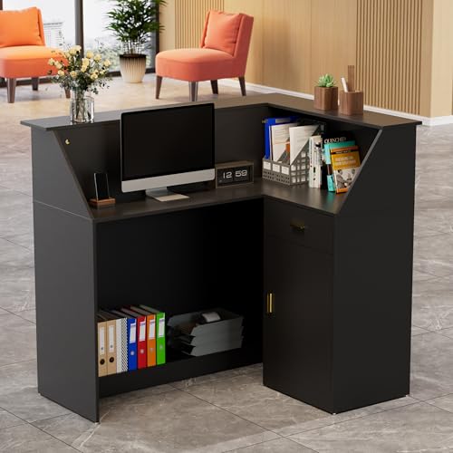 PAKASEPT Reception Desk with LED Lights, L-Shaped Modern Front Desk with Glass Display Shelf, Reception Counter Table for Lobbies, Salons, Retail, Home Offices (Black) PAKASEPT