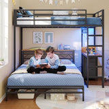 DICTAC Twin Over Full Bunk Bed with Desk,Led Lights and 4 Drawers,Metal Bunk Beds with Storage Headboard and Charging Station,L-Shaped bunk Bed for Kids/Teen with Safety Guardrail and Ladder,Black DICTAC