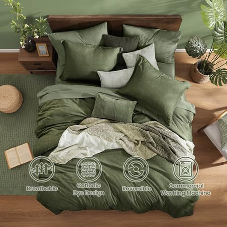 Monbix Full Size Comforter Set, Olive Green Bedding Comforter for Full Size Bed Set Reversible, Bedding Sets Full 7 Pieces, Cationic Dyeing Bed in a Bag with Comforter, Sheets, Pillowcases & Shams Monbix