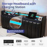 Queen Size Bed Frame with Adjustable Backrest Hidden Storage Headboard, PU Leather Upholstered Queen Bed Frame with Charging Station and LED Lights, Heavy Duty, No Box Spring Needed, Black&Brown Jocoevol