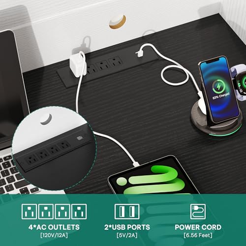 DWVO Executive Desk with Hutch and Power Outlets, Computer Desk with Drawers & LED Lights, Farmhouse Home Office Desks with Storage Shelves, White & Black DWVO