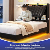 Twin Size Floating Bed Frame with Ergonomic Hidden Storage Headboard and LED Light,Visual Floating Bed Frame with Charing Station,Leather Upholstered Platform Bed for Kids/Boys/Girls,Heavy Duty,Black Jocoevol