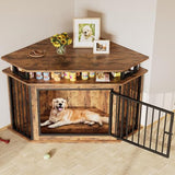 IRONCK 51" Corner Wooden Dog Crate Furniture with 2-Tier Shelves, Pet Kennel for Large Dogs, Space-Saving Dog Cage for TV Stand, Rustic Brown (26.7" L x 51.2" W x 33.5" H) IRONCK