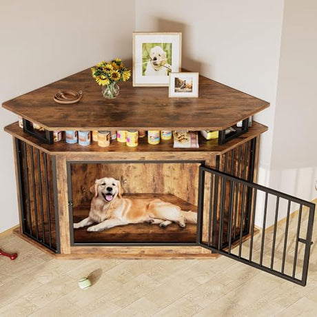 IRONCK 51" Corner Wooden Dog Crate Furniture with 2-Tier Shelves, Pet Kennel for Large Dogs, Space-Saving Dog Cage for TV Stand, Rustic Brown (26.7" L x 51.2" W x 33.5" H) IRONCK