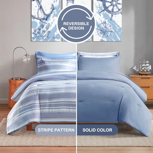 Codi Queen Size Comforter Sets with Sheets, Modern Blue and White Striped Bed in a Bag, 7-Piece Complete Bedding Set Including Reversible Comforter, 2 Sheets, Pillowcases & Shams Codi
