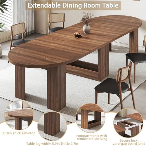 Round Extendable Dining Table for 4-12 People, 47-118 Inch Kitchen Table with Wood Strip Base, Modern Oval Dining Room Table for Kitchen Living Room, Walnut Bvldfamly