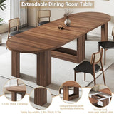 Round Extendable Dining Table for 4-12 People, 47-118 Inch Kitchen Table with Wood Strip Base, Modern Oval Dining Room Table for Kitchen Living Room, Walnut Bvldfamly