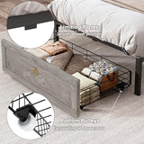 TIGUBFRE Twin Bed Frame with Storage Headboard, Farmhouse Wood Bed Frame Twin Size with 3 Drawers, LED Light & Charging Station, Metal Slats Support, Noise Free, No Box Spring Needed, Rustic Gray TIGUBFRE