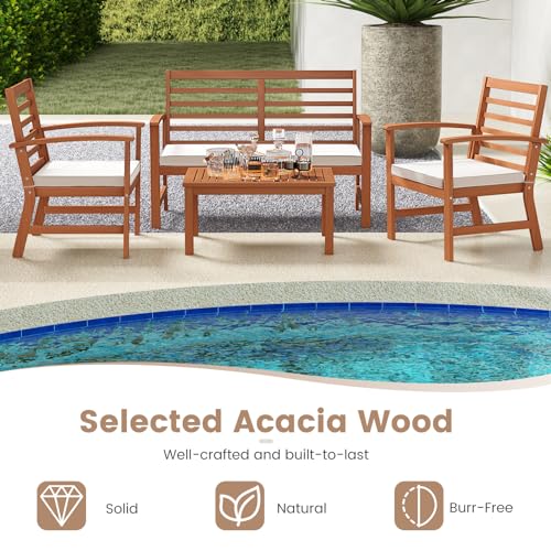 Tangkula 4 Pieces Outdoor Furniture Set, Acacia Wood Conversation Set w/Soft Seat Cushions, Stable Acacia Wood Frame, Patio Sofa & Coffee Table Set for Backyard, Porch, Poolside (White) Tangkula