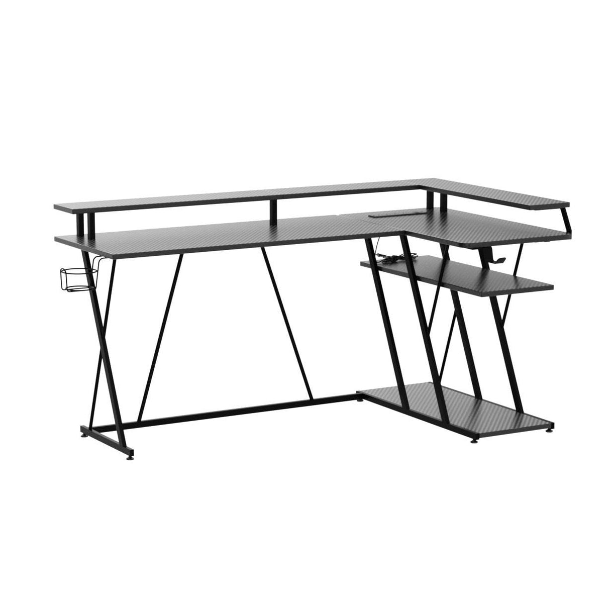 SEVEN WARRIOR L Shaped Gaming Desk with LED Lights & Power Outlets, 55” Reversible Corner Desk with Storage Shelf, Computer Desk with Monitor Stand, Gaming Table with Cup Holder, with Hooks, Black SEVEN WARRIOR
