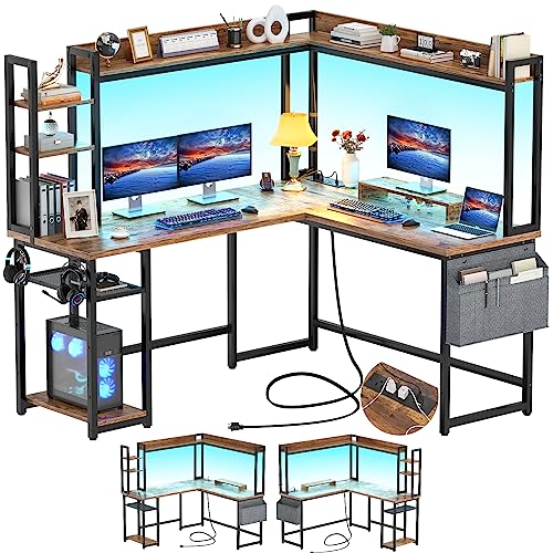 Aheaplus L Shaped Gaming Desk, Reversible L Shaped Desk with Power Outlet and Led Lights, Gaming Desk Corner Computer Desk with Hutch, Monitor Stand and Storage Bag for Home Office, Rustic Brown