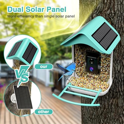 isYoung Smart Bird Feeder with Camera, Free AI Forever to Identify 11000+ Bird Species, Solar Panels Bird Video & Motion Detection Camera Auto Capture Notify (Dual Panel) - WoodArtSupply