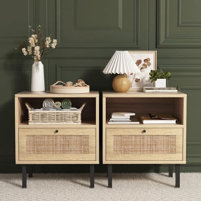 Boho Rattan Nightstands Set of 2 with Door, Open Shelf & Metal Legs