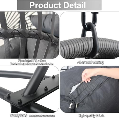 Hanging Egg Chair with Stand - Egg Swing Chair Outdoor Indoor Patio Wicker Chair Swing Hammock Egg Chairs 400lbs Capacity for Outside Patio, Bedroom, Garden and Balcony（Black, 1PC） TQKVIPI
