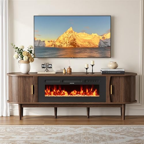 Decofy 70″ Fluted Fireplace TV Stand for 80″ TVs, Remote & Touch Control Adjustable Flame Colors & Temperature, Entertainment Center with Storage, Modern Media TV Console Table for Living Room(Walnut) Decofy