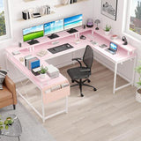 FinerFurnis U-Shaped Gaming Desk with Power Outlets & LED Lights - Reversible L-Shaped Computer Desk for Home Office | Large Corner PC Table with Monitor Stand & Storage Shelves, Pink FinerFurnis