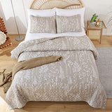 JANZAA Quilts Queen Size Oatmeal Bed Spread with White Floral Pattern Botanical Microfiber Quilts Set Lightweight Comforter 3 Pieces Reversible Bedding Set (1 Queen Quilt and 2 Pillow Cases) JANZAA