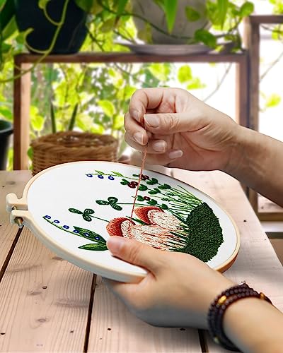 TINDTOP Embroidery Kit for Adult for Beginners, 5 Sets Mushroom Embroidery Kit for Beginners Include Embroidery Cloth Hoops Threads for Craft Lover Hand Stitch with Embroidery Skill Techniques TINDTOP