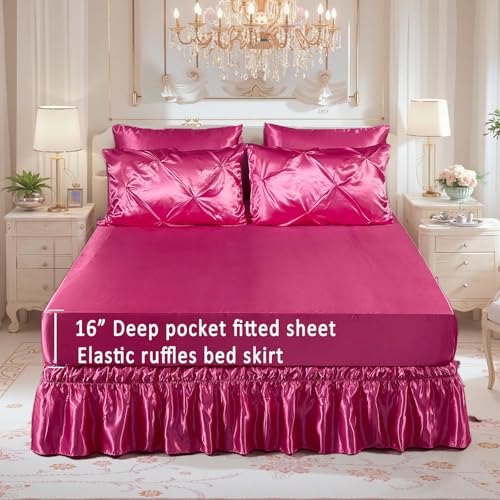 Bedbay Hot Pink Comforter Set,Satin Queen Comforter with Sheets,Bed in a Bag Queen,Pinch Pleat Bedding Set,Hot Pink Pintuck Luxury Bed Set 10 Pcs,Soft Lightweight Silk Like Satin Bedding Set Bedbay