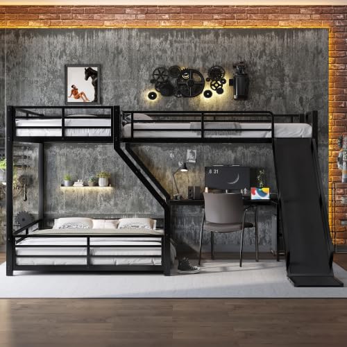CITYLIGHT L-Shaped Metal Bunk Bed with Slide, Desk and USB Ports, 3 in 1 Twin XL Over Queen Bunk Bed for Kids Teens, Black CITYLIGHT