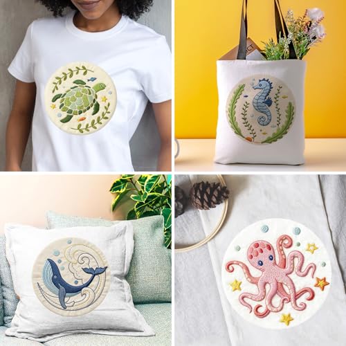INFUNLY 4 Sets Embroidery Kit for Beginners with Sea Animals Pattern DIY Embroidery Kit for Adults Ocean Embroidery Art Kit Turtles/Seahorses/Octopuses/Whales Cross Stitch Kit with Embroidery Hoops