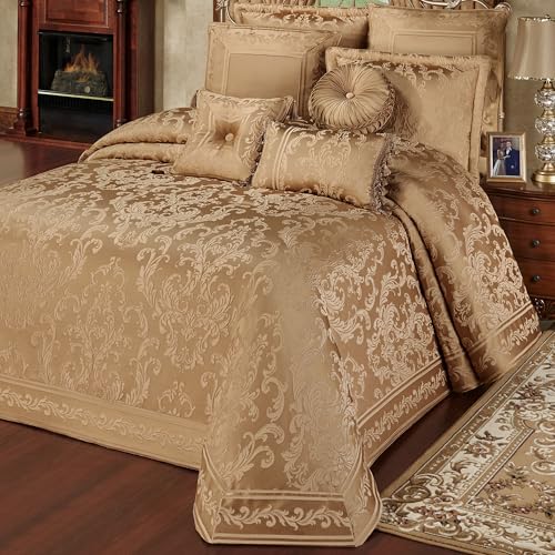 Monaco Classic Luxury Bedding | Royal Monochromatic Metallic Gold Hues | Puff Jacquard-Woven Acanthus Leaf Damask and Scrollwork | 3 Piece Bed Set Includes Oversized King Bedspread and 2 King Shams J. Queen New York