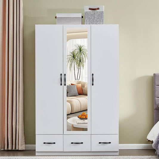 GraceGrove Armoire Wardrobe Closet Mirror, 3 Doors 2 Drawers White Large Capacity Clothing Storage Bedroom Armoires Wardrobe Closet with Hanging Rod 47.3" L x 20.3" W x 74.2" H