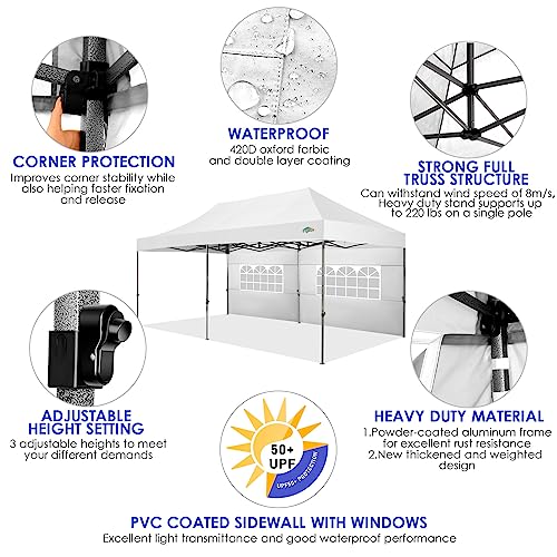 COBIZI 10x20 Canopy with Sidewalls, Heavy duty Party Tent Pop up carpas para fiestas, Tents for Parties, wedding, Outdoor Ez up Foldable Portable Canopy Tent with Wheeled Bag, White(Windproof Upgrade) COBIZI