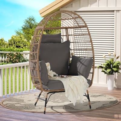Oversized Patio Egg Chair, Wicker Rattan Egg Chair for Adult, Indoor Outdoor Patio Large Wicker Basket with Water-Resistant Cushion, Outdoor Lounge 360Lbs Capacity - Dark Gray