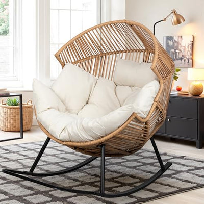 Vongrasig Wicker Rocking Egg Chair PE Rattan with Cushion, Oversized Patio Lounge Rocker Chair for Outdoor, Indoor, Livingroom, Backyard, Garden (Beige)