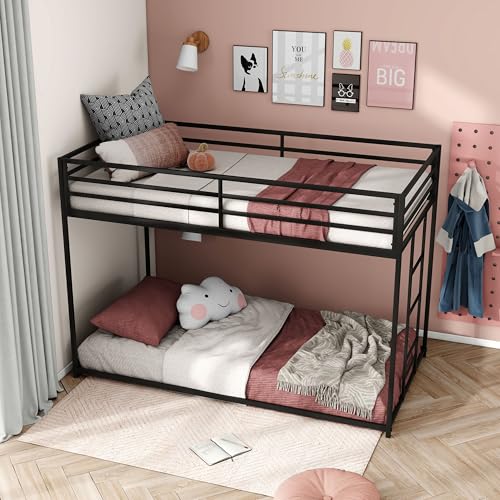 Furniture of America Dravenor Modern Metal Twin Over Twin Low Profile Bunk Bed with Reversible Ladder and Twnty-Two Slats, No Box Spring Required, for Kids, Bedroom, Dorm, Black Furniture of America
