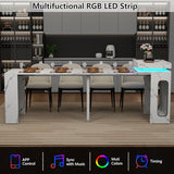Extendable Dining Table with Charging Station & LED Lights, 19.7" to 98.4" White Faux Marble Dining Table, Rectangle Console Table for 2-8, Modern Space Saving Kitchen Island Table (No Chairs) Gyfimoie