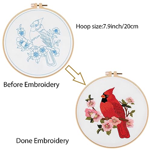 Louise Maelys Cardinal Embroidery Kits for Beginners with Bird Flower Pattern,Adults Starter Cross Stitch Kit DIY Needlepoint