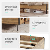 LINSY Full Size Bed Frame with Ergonomic Headboard, RGB Lights, Charging Station & Storage, Brown Farmhouse Design LINSY