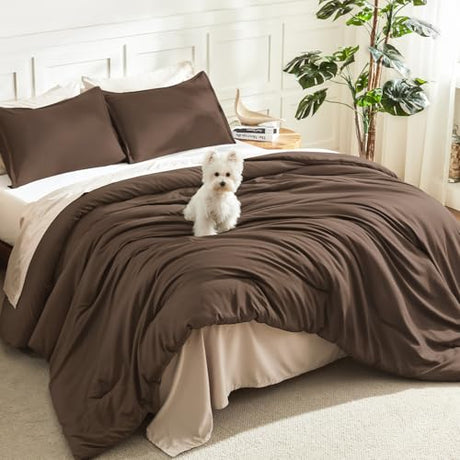 Litanika Brown Comforter Set King Size, 3 Pieces Lightweight Solid Bedding Comforter Set, All Season Fluffy Bed Set (104x90In Comforter & 2 Pillowcases) Litanika