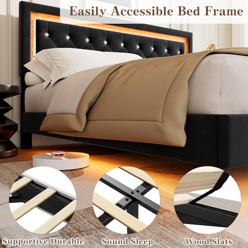 Garvee Floating Bed Frame King Size with Smart Led Lights, Upholstered Platform Bed with Diamond Headboard, Solid Wood Slats Support, No Box Spring Needed, Noise-Free, Easy Assembly, Black Garvee