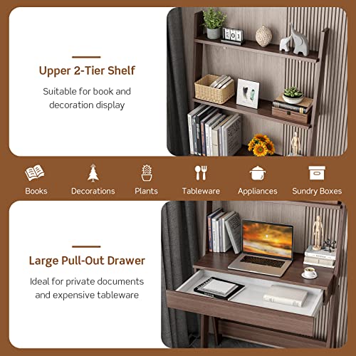 Tangkula Walnut Ladder Desk with 2-Tier Bookshelf and Drawer for Modern Storage Solutions Tangkula
