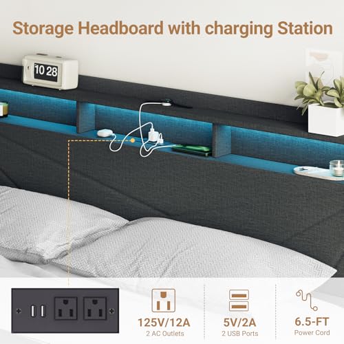 MALOL Bed Frame, King Bed Frame with Headboard & Storage Shelf, Metal Platform Bed Frame with 4 Storage Drawers, Built-in Charging Station, Led Light, Wood Bed Frame, No Box Spring Needed, Grey MALOL