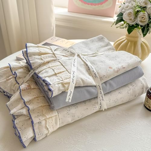 AMZTOP Blue Beige Floral Rabbit Duvet Cover Queen Size with 2 Pillowcases,100 Cotton Muslin Gauze Bed Set for Baby Kids,Lightweight Breathable Lace Ruffle Duvet Covers Teen Girls Queen 90"×90" AMZTOP