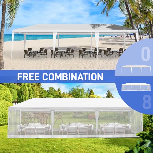 Outvita Outdoor Party Tent with Screen, 10x30ft Canopy Shelter with Netting Side Walls and 2pcs Doors for Event Yard Patio BBQ Picnic Parties White Outvita