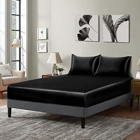 P Pothuiny Satin Fitted Sheet Twin XL Size, 1 Single Fitted Sheet Only, Extra Soft Deep Pocket Bottom Bed Sheets Mattress Cover Fits 12" to 16", Wrinkle Free, Fully Elasticized (Black) P Pothuiny