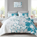 Anibedding Teal Floral Comforter Set King Size 7 Piece, Teal Blue Flower Bed in a Bag, Elegant Botanical Floral Comforter Soft Microfiber Complete Bedding Set for All Season, (Teal, 104"x90") Anibedding