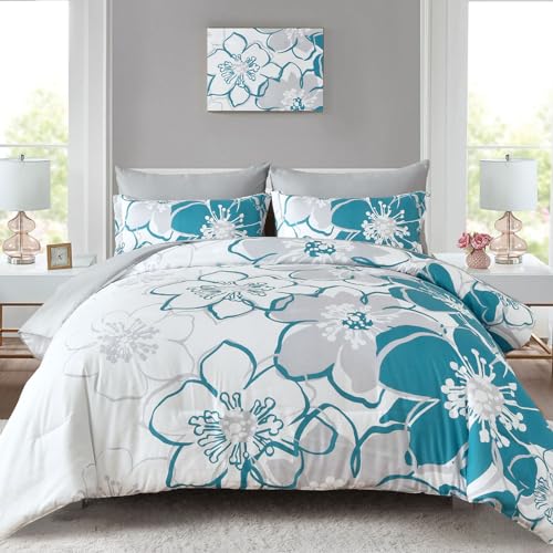 Anibedding Teal Floral Comforter Set Queen Size 7 Piece, Teal Blue Flower Bed in a Bag, Elegant Botanical Floral Comforter Soft Microfiber Complete Bedding Set for All Season, (Teal, 90"x90") Anibedding