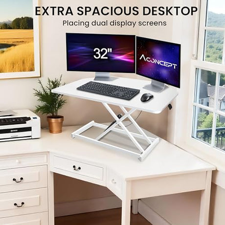 Aconcept 32 inch White Corner Height Adjustable Standing Desk Converter, One-Click Sit to Stand up Desk Riser, Pre-Assembled Dual Monitor and Laptop Workstation Aconcept