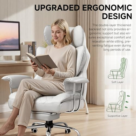COMHOMA Big and Tall Gaming Chair with Pocket Spring Lumbar Support, Ergonomic Office Chair with Footrest, Executive Desk Chair with Outward Fixed Soft Armrests, Computer Chair with High Back, White COMHOMA